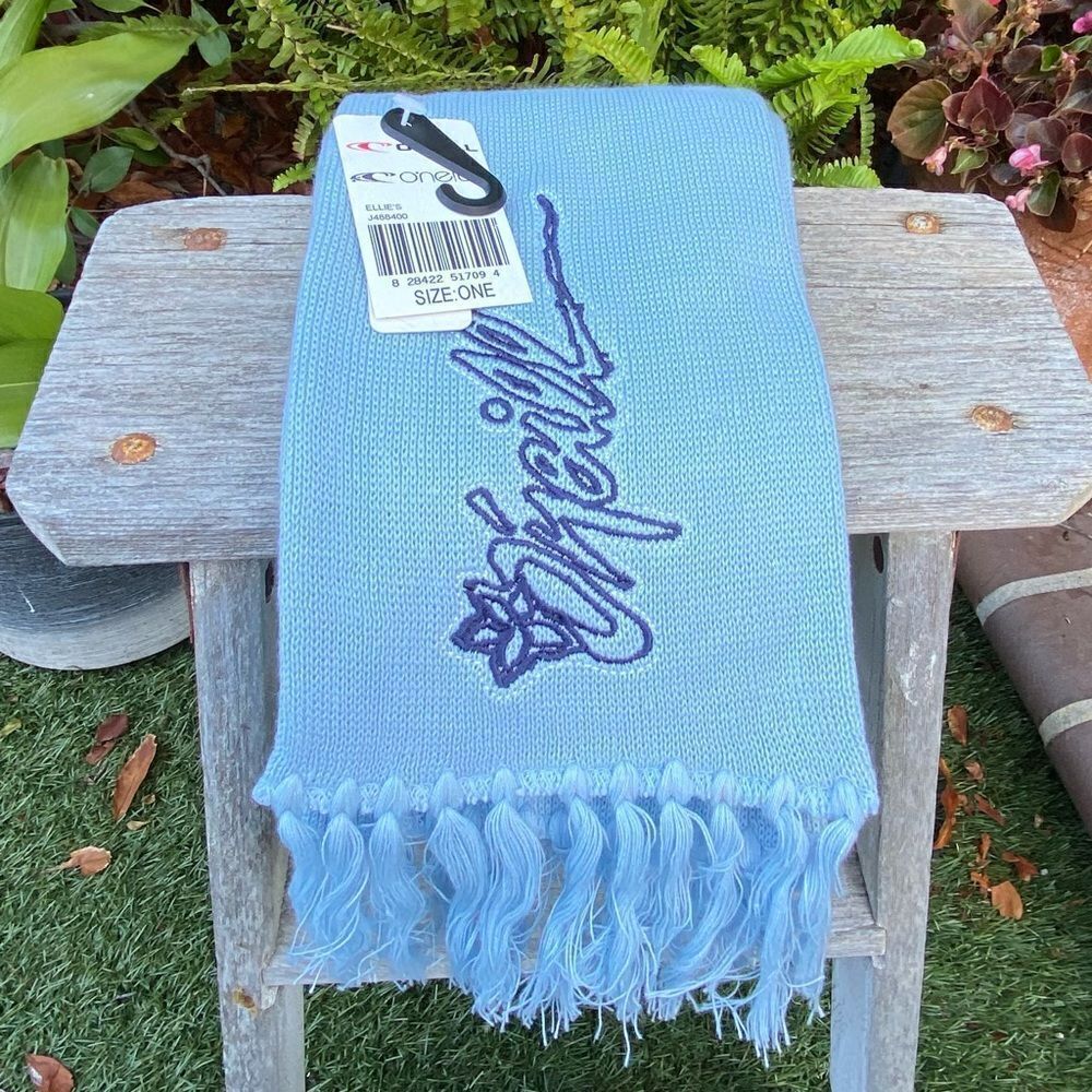 NWT New O'Neill Blue Embroidered Logo Frindged Scarf. Winter Cold Surf Beach